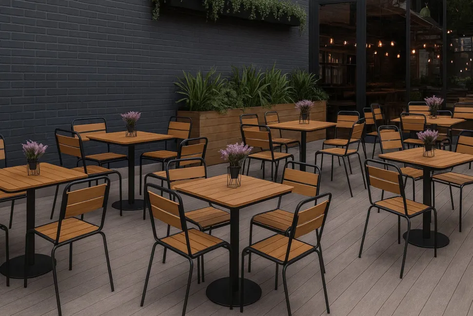 Cafe terassipöytä + 4 Cafe terassituolia ilman käsinojia