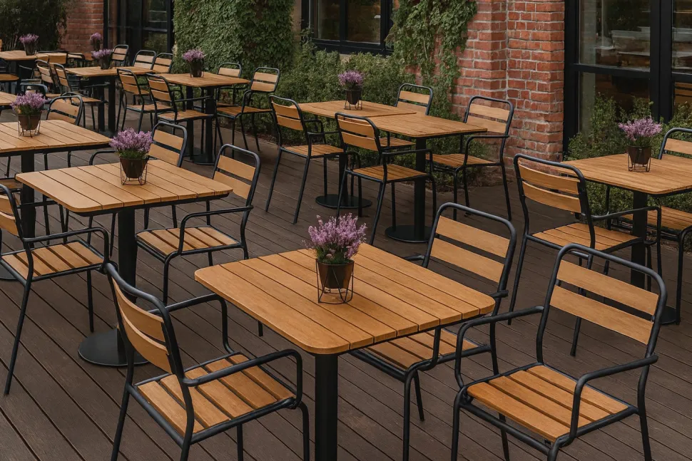 Cafe terassipöytä + 2 Cafe terassituolia käsinojilla