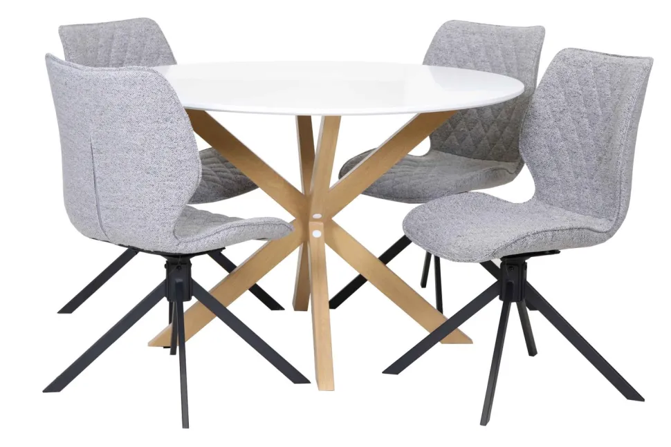 FELIX PYÖREÄ RUOKAPÖYTÄ + 4 PYÖRIVÄÄ NORDHAM KANGASVERHOILTUA TUOLIA