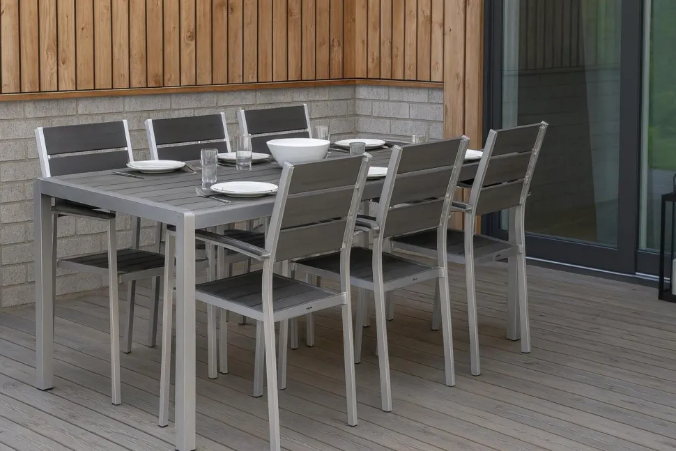 MILANO ARTWOOD PÖYTÄ + 6 MILANO TUOLIA HARMAA/ALUMIINI