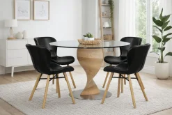 ORIENT PYÖREÄ 120 CM DESIGN RUOKAPÖYTÄ LASIKANNELLA + 4 OREGON PU-NAHKALLA VERHOILTUNA