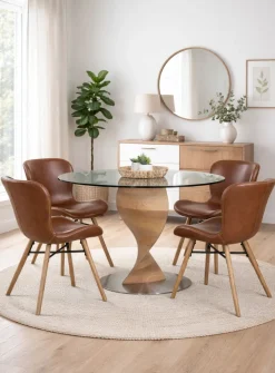 ORIENT PYÖREÄ 120 CM DESIGN RUOKAPÖYTÄ LASIKANNELLA + 4 OREGON PU-NAHKALLA VERHOILTUNA