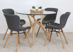 SALVADOR PYÖREÄ 100 CM DESIGN RUOKAPÖYTÄ LASIKANNELLA + 4 OREGON TUOLIA KANGASVERHOILTUNA