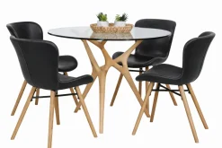 SALVADOR PYÖREÄ 100 CM DESIGN RUOKAPÖYTÄ LASIKANNELLA + 4 OREGON TUOLIA PU-NAHKA VERHOILTUNA