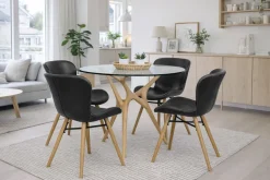 SALVADOR PYÖREÄ 100 CM DESIGN RUOKAPÖYTÄ LASIKANNELLA + 4 OREGON TUOLIA PU-NAHKA VERHOILTUNA