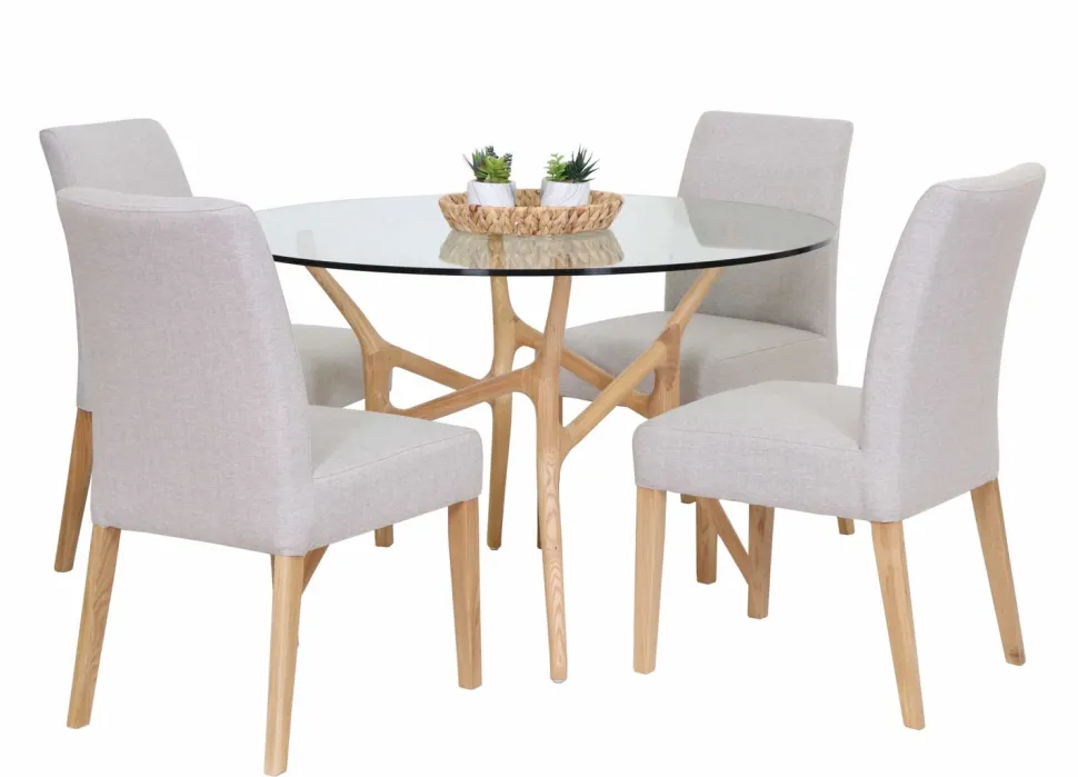 SANTIAGO PYÖREÄ 120 CM DESIGN RUOKAPÖYTÄ LASIKANNELLA + 4 MALAGA TUOLIA