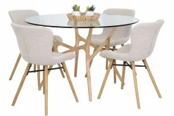 SANTIAGO PYÖREÄ 120 CM DESIGN RUOKAPÖYTÄ LASIKANNELLA + 4 OREGON TUOLIA KANGASVERHOILTUNA