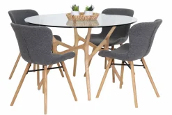 SANTIAGO PYÖREÄ 120 CM DESIGN RUOKAPÖYTÄ LASIKANNELLA + 4 OREGON TUOLIA KANGASVERHOILTUNA