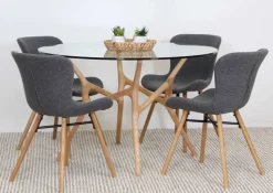 SANTIAGO PYÖREÄ 120 CM DESIGN RUOKAPÖYTÄ LASIKANNELLA + 4 OREGON TUOLIA KANGASVERHOILTUNA