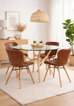 SANTIAGO PYÖREÄ 120 CM DESIGN RUOKAPÖYTÄ LASIKANNELLA + 4 OREGON TUOLIA PU-NAHKALLA VERHOILTUNA