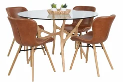 SANTIAGO PYÖREÄ 120 CM DESIGN RUOKAPÖYTÄ LASIKANNELLA + 4 OREGON TUOLIA PU-NAHKALLA VERHOILTUNA