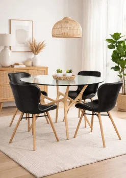 SANTIAGO PYÖREÄ 120 CM DESIGN RUOKAPÖYTÄ LASIKANNELLA + 4 OREGON TUOLIA PU-NAHKALLA VERHOILTUNA
