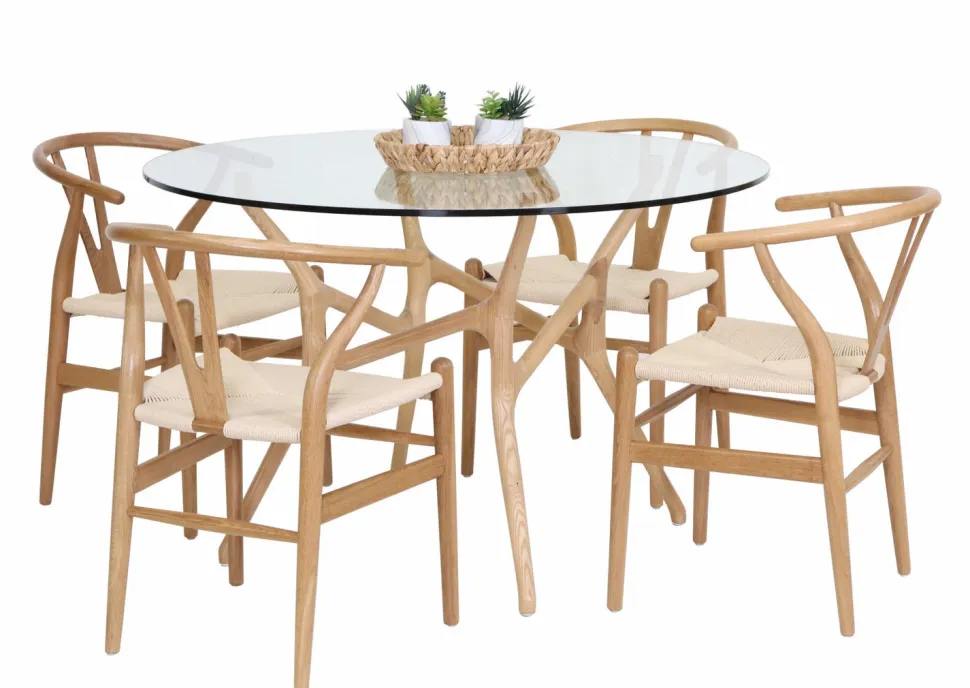 SANTIAGO PYÖREÄ 120 CM DESIGN RUOKAPÖYTÄ LASIKANNELLA + 4 WENDY TAMMITUOLIA
