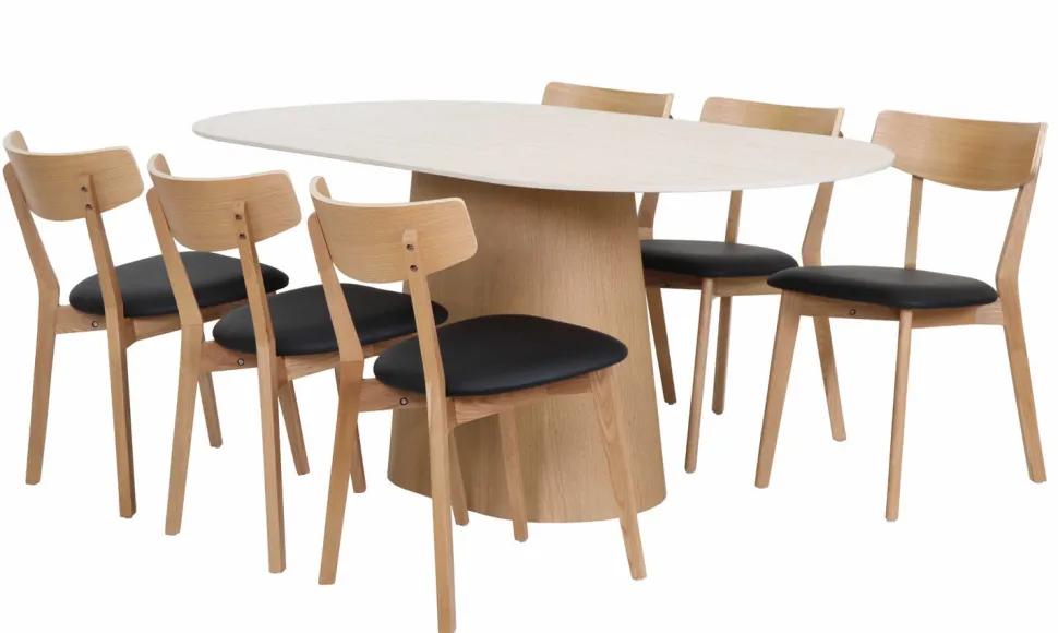 Travertine 180cm ovaali ruokapöytä kivikannella + 6 Austin tammituolia