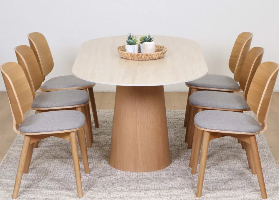Travertine 180cm ovaali ruokapöytä kivikannella + 6 Vienna tammituolia