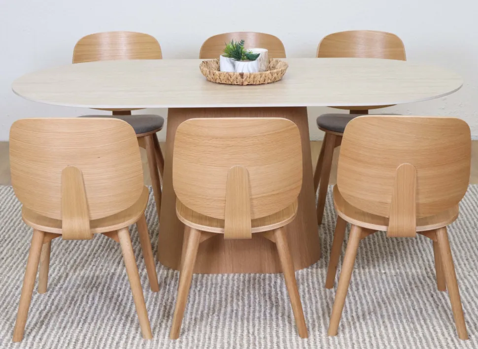 Travertine 180cm ovaali ruokapöytä kivikannella + 6 Vienna tammituolia